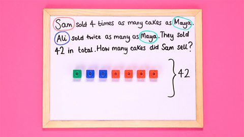 You have 7 cubes altogether, so divide 42 by 7 to get the amount for 1 cube. 1 cube = 6 cakes.