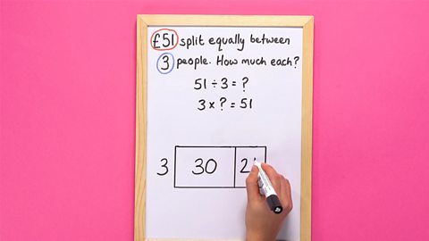 Subtract 30 from the total in the rectangle: 51 - 30 = 21. Write 30 and 21 in the rectangle. 
