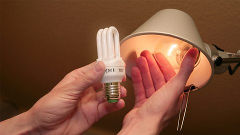 A person is holding an energy saving bulb and a classic bulb to compare the two.