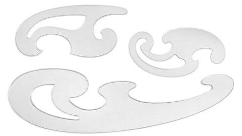 A set of three clear, plastic French curves isolated on a white background.
