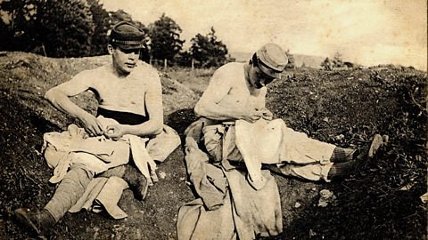 Soldiers picking lice out of clothing in World War One