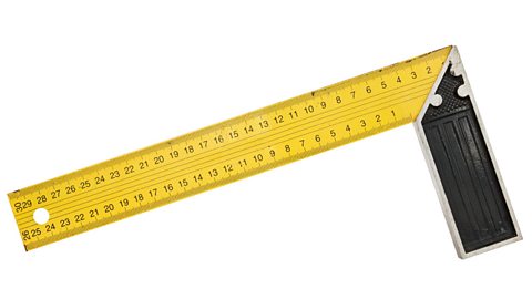 A yellow 30 cm iron ruler with an angle bar set square on a white background.