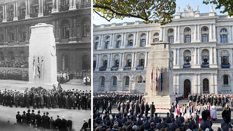 Photograph of Remembrance Day service at The Cenotaph in London, 1920s and present day