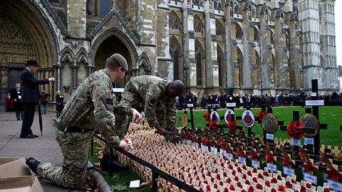 British Army personnel place crosses of remembrance outside Westminster Abbey 7 November 2013