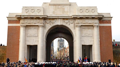 Poppies drop from the roof of the Menin Gate during a ceremony to mark Armistice Day on 11 November 2013 in Ypres, Belgium