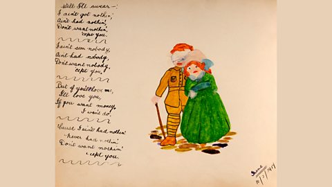 A wounded soldier hand-written poem and a watercolour of him with his sweetheart in 1917