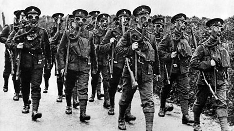 Soldiers wearing gas masks during World War One