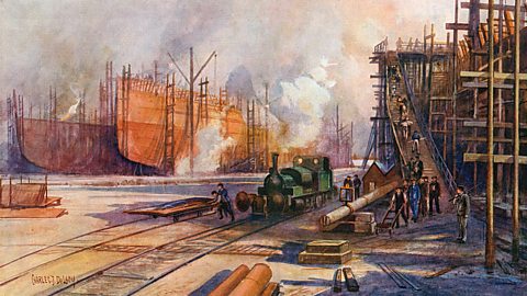 Illustration of a British shipyard during World War One