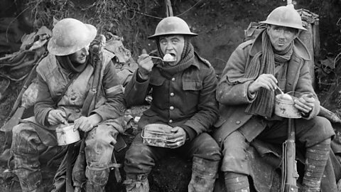 British soldiers eating rations during the Battle of the Somme in October 1916