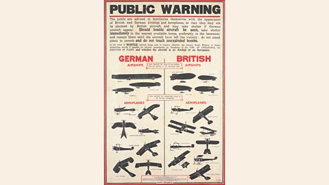 A public warning poster which helped people to tell the difference between German and British planes and zeppelins