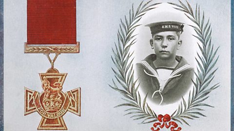 An image of Jack Cornwell next to an illustration of the Victoria Cross medal