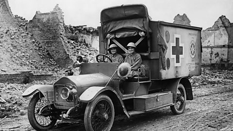 Two women driving an ambulance on the front line of World War One