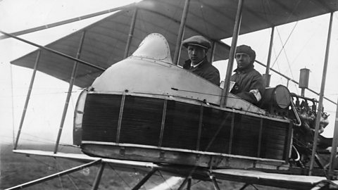 British aviators John Alcock and Arthur Brown in their plane.