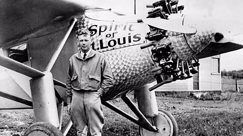 Charles Lindbergh with his Spirit of St Louis plane.