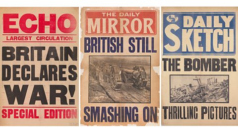 Three British newspaper front pages during World War One with patriotic headlines