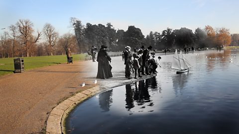 A modern park with a pond merged with early 1900s families sailing toy boats