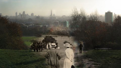 A modern view of London merged with early 1900s people in fields