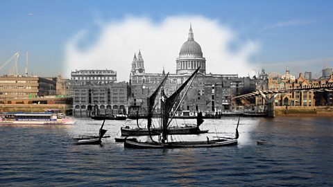 A modern view of the Thames river merged with an early 1900s picture of St Paul Cathedral