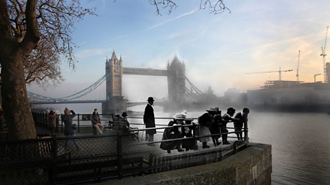 A modern view of Tower Bridge London merged with early 1900s children overlooking it