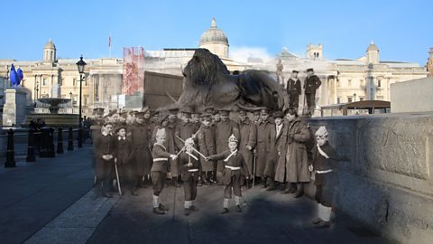 A modern view of Trafalgar Square merged with World War One men and children at a rally