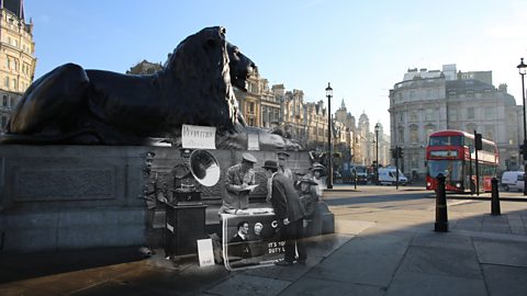 A modern view of Trafalgar Square merged with a photo of a World War One recruitment stand