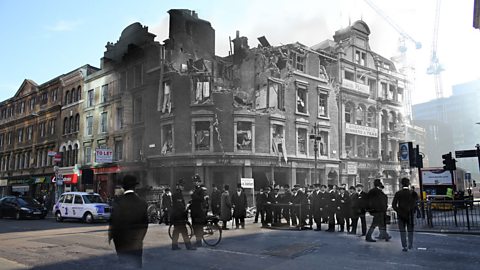 A modern London street corner merged with an air raided World War One building