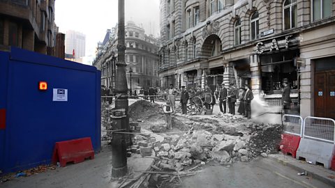 A modern London street corner merged with World War One air raid rubble