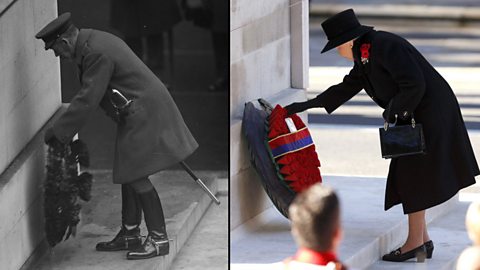 Split screen image of royalty laying poppies at a memorial in 1918 and modern day