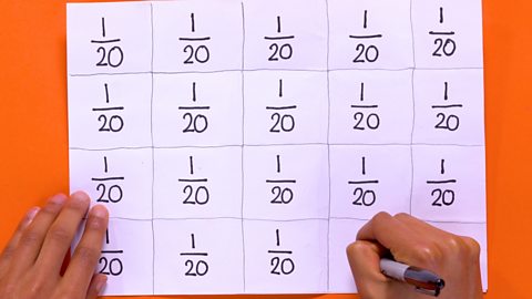 STEP 3: Count the number of sections you have and label them as single fractions. In this example there are 20 sections, so label each one as ¹/₂₀