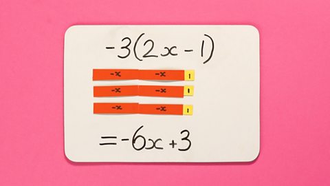 Image showing the equation -3(2x-1) multiplied out to -6x+3.