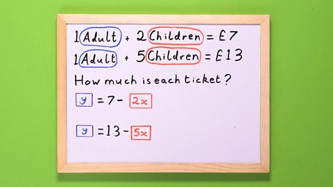 STEP 2 - The equations can be rearranged so that they both start with y =. So y = 7 – 2x and y = 13 – 5x. These will be our pair of simultaneous equations. 