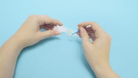 A pair of hands holding a slide stained with iodine and rubbing a cotton bud on the slide.