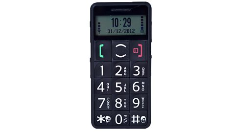 A black mobile phone with large buttons for visually impaired users.