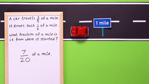 A toy car on a road with a sign saying one mile and a maths problem on a white board