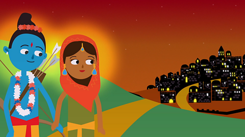  Rama and Sita return home at night time. They find that all of the villagers have lit lamps to guide them home. This is why Hindus light lamps on Diwali!