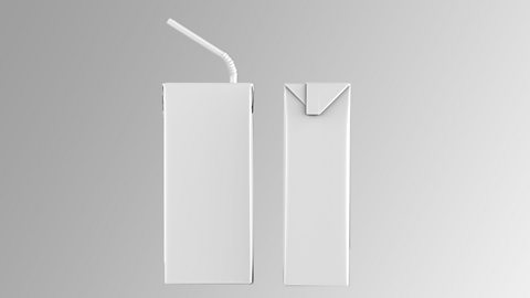 Front and side of a mock-up drink carton made from white laminated card with a straw.