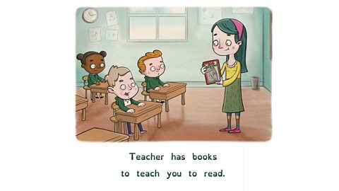 Illustration of teacher showing book to class