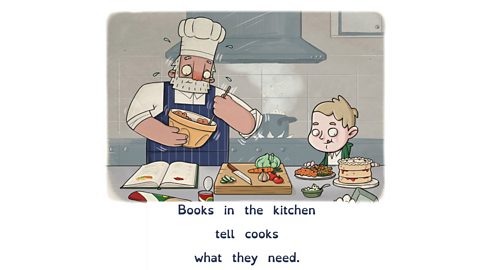 Illustration showing chef and child following instructions from cook book.