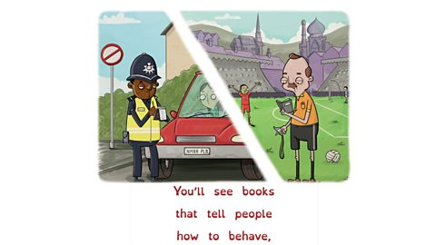 Illustration showing policeman and referee looking at books while working.