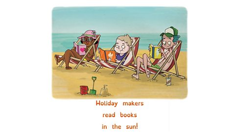 Illustration of holiday makers reading books at the beach.