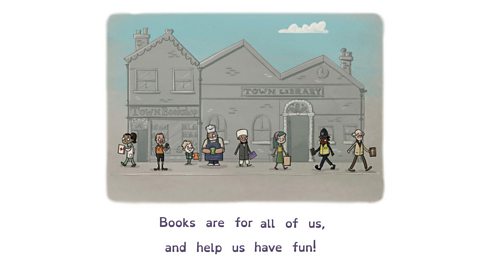 Illustration of various people with books outside a library.