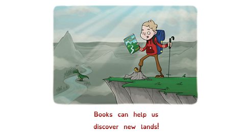 Illustration of boy with book of maps. Behind him is a valley with a dinosaur.