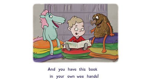 Illustration of a boy reading a book while Unicorn and Haggis characters look on.