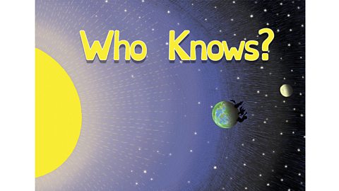 Book cover with title "Who Knows?" and illustration of the Sun, Earth and Moon.