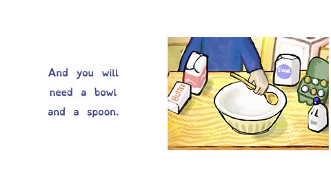 Bowl, spoon and ingredients for making a cake.