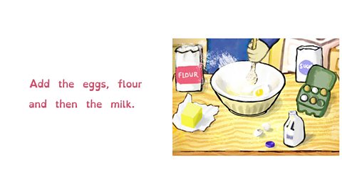 Mixing together eggs, flour and milk.