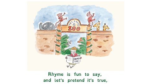 Girl sitting outside a zoo, reading a book called "Rhyme Time"