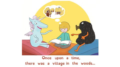 A girl imagines an old village as she reads a book to a unicorn and a haggis.