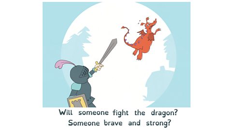 A worried dragon flies away from a knight who is holding a sword.