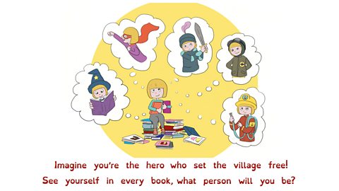 A girl with books imagines herself as a wizard, superhero, knight, pilot and firefighter.